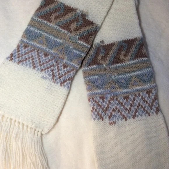 Vintage Hansen Knit Nordic Patterned Scarf Ivory Tan Gray Green - Picture 4 of 7